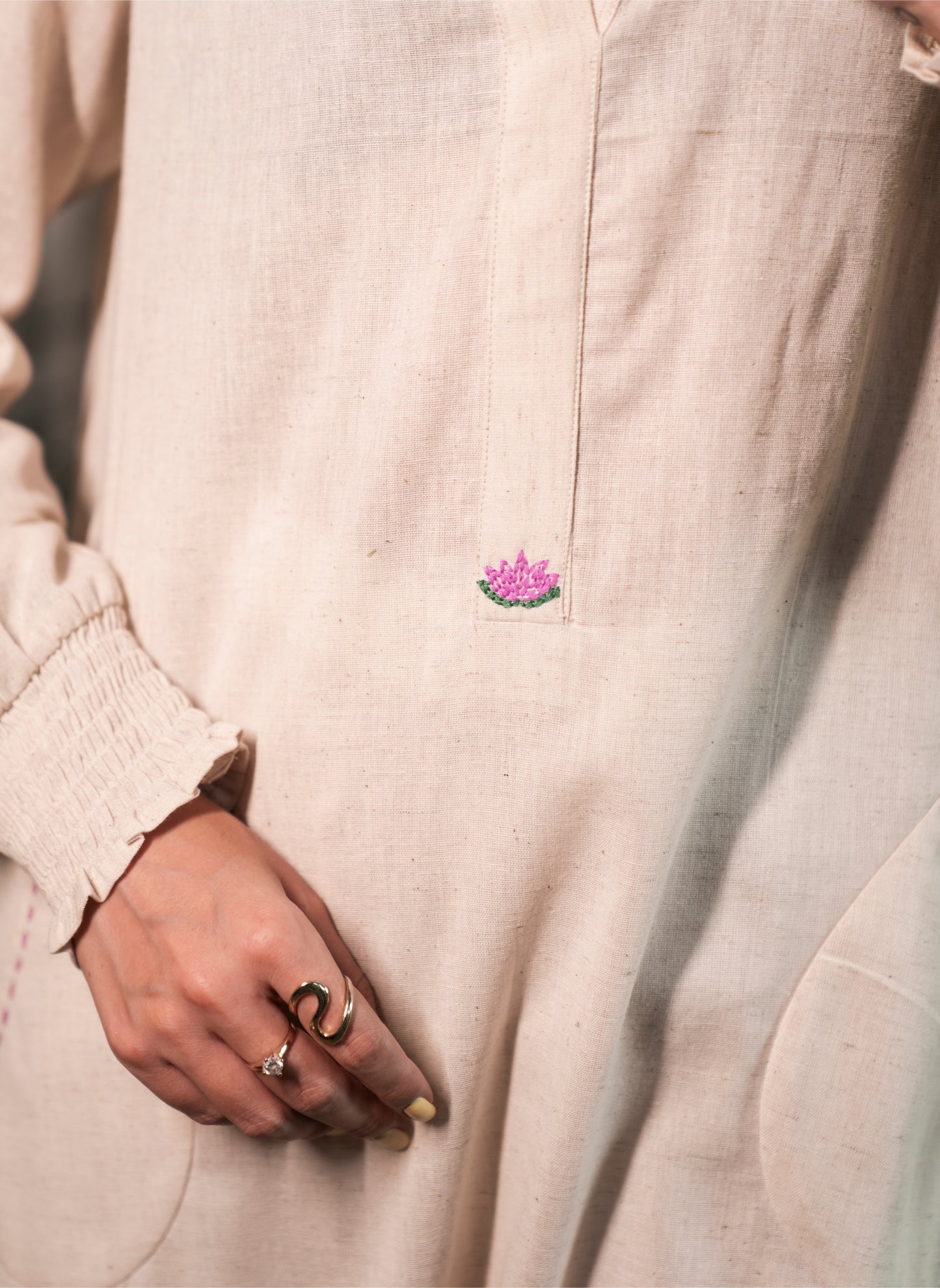 Lotus Motif Kurta Set with Smocked Sleeves