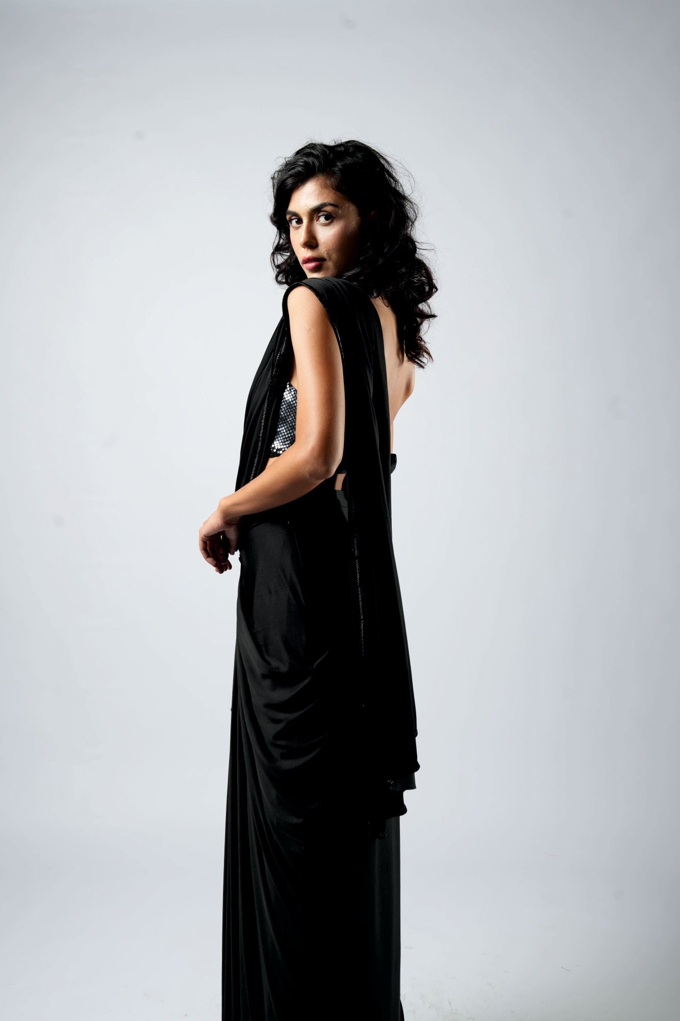 Glamorous Noir Lycra Drape Saree with Designer Blouse - Label Sakshi Nayyar