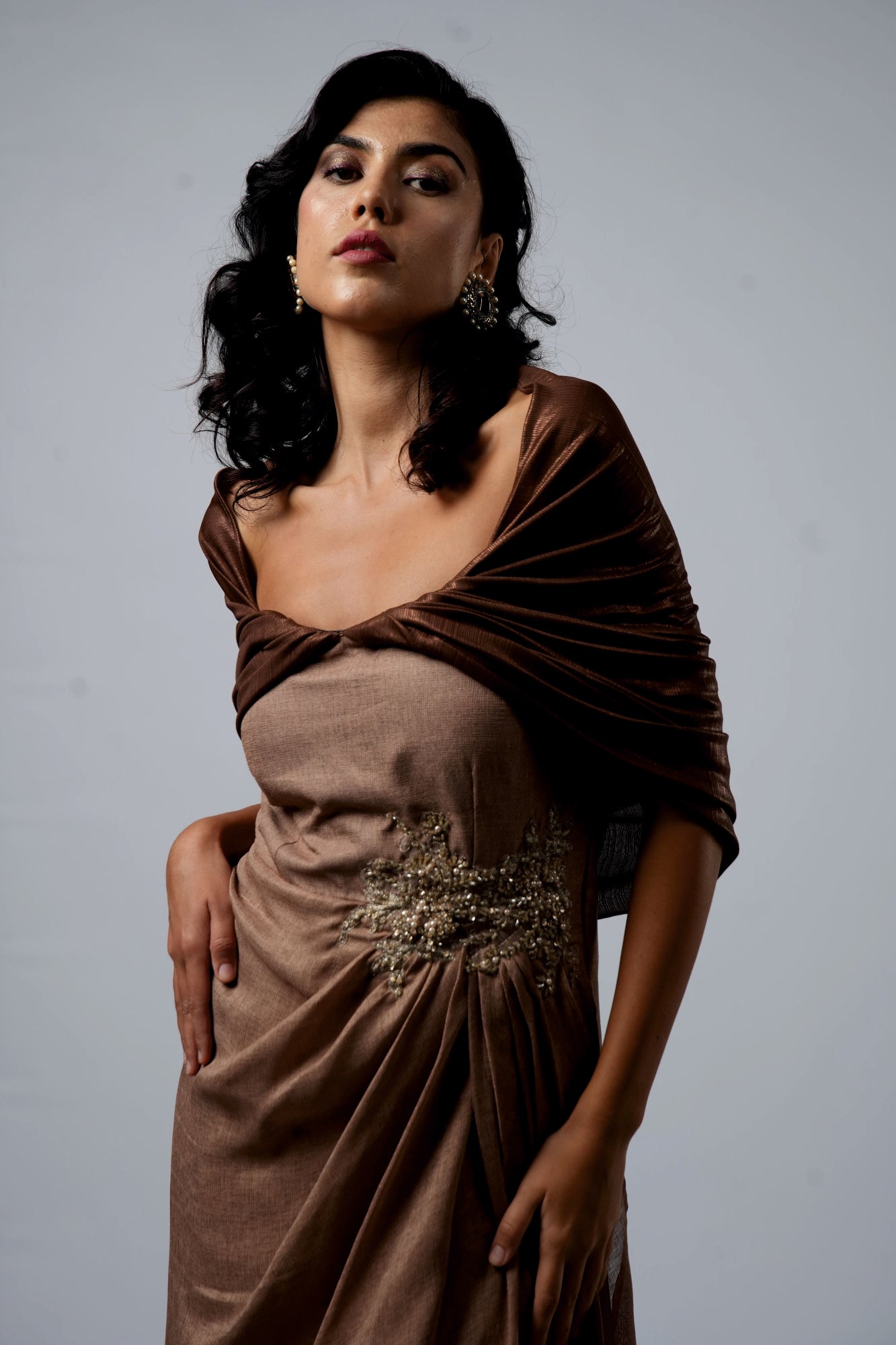 Beige & Brown Patchwork Bodice Off shoulder Cape Dress - Label Sakshi Nayyar