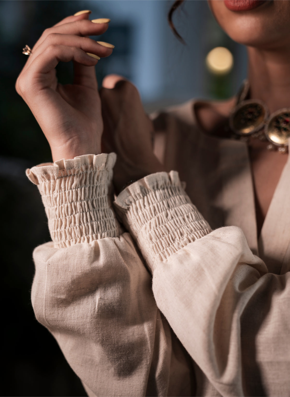 Lotus Motif Kurta Set with Smocked Sleeves - Label Sakshi Nayyar