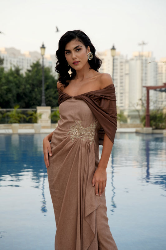 Beige & Brown Patchwork Bodice Off shoulder Cape Dress - Label Sakshi Nayyar