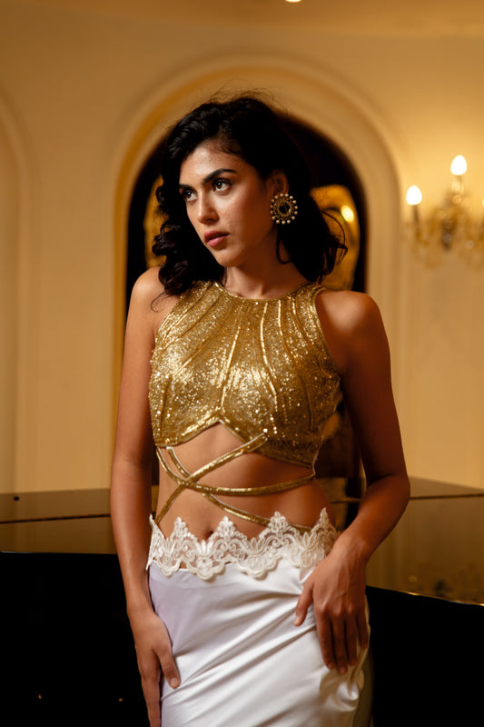 Golden Lace Couture One Piece Dress With Golden Top & Sheen White Skirt - Label Sakshi Nayyar