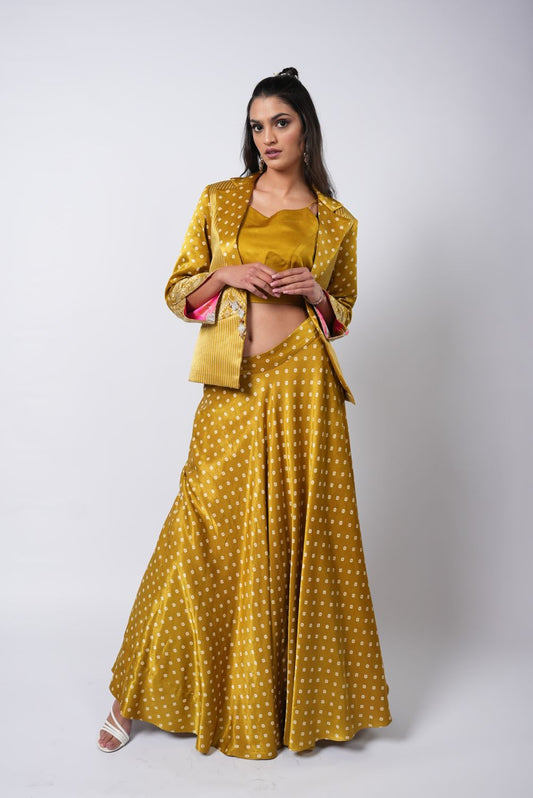 Bandhej Rajwada Rang 3 Piece Set With Blazer & Skirt - Label Sakshi Nayyar
