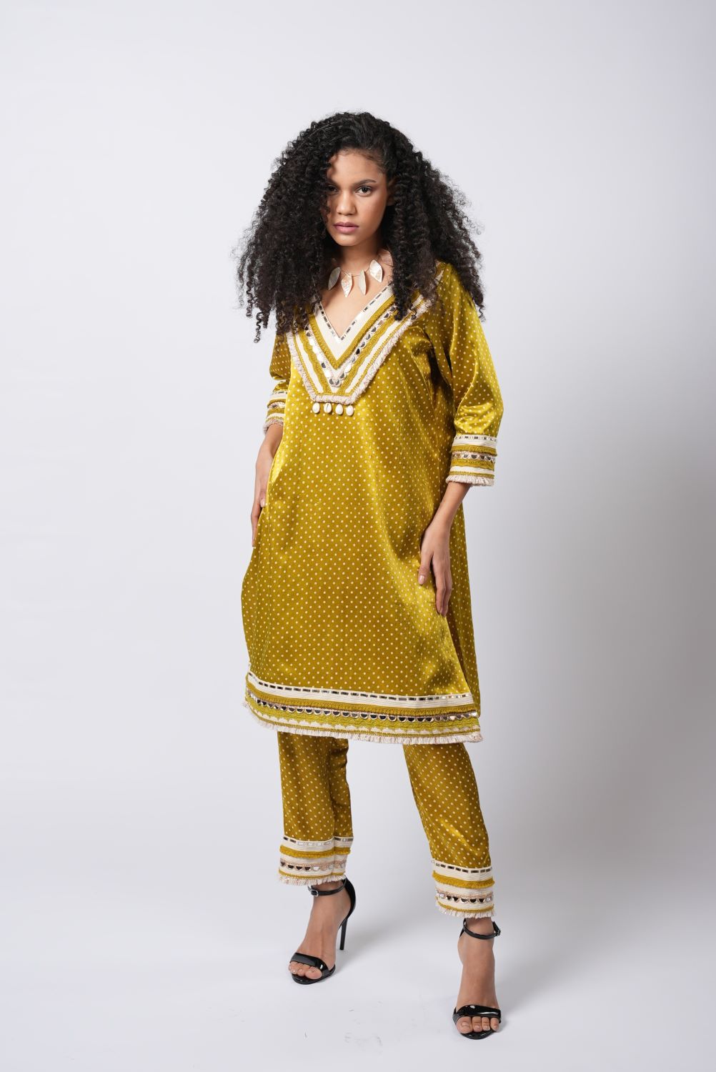 Polka & Pearl Mirror Mustard Kurta Set - Label Sakshi Nayyar
