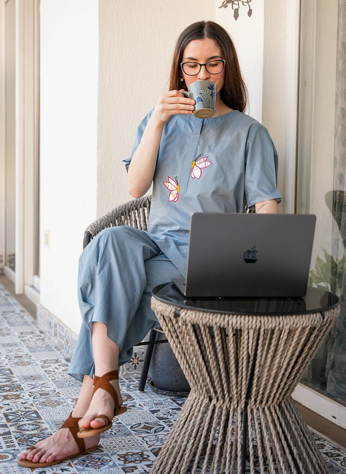 Slate Blue Butterfly Cotton Co-Ord Set