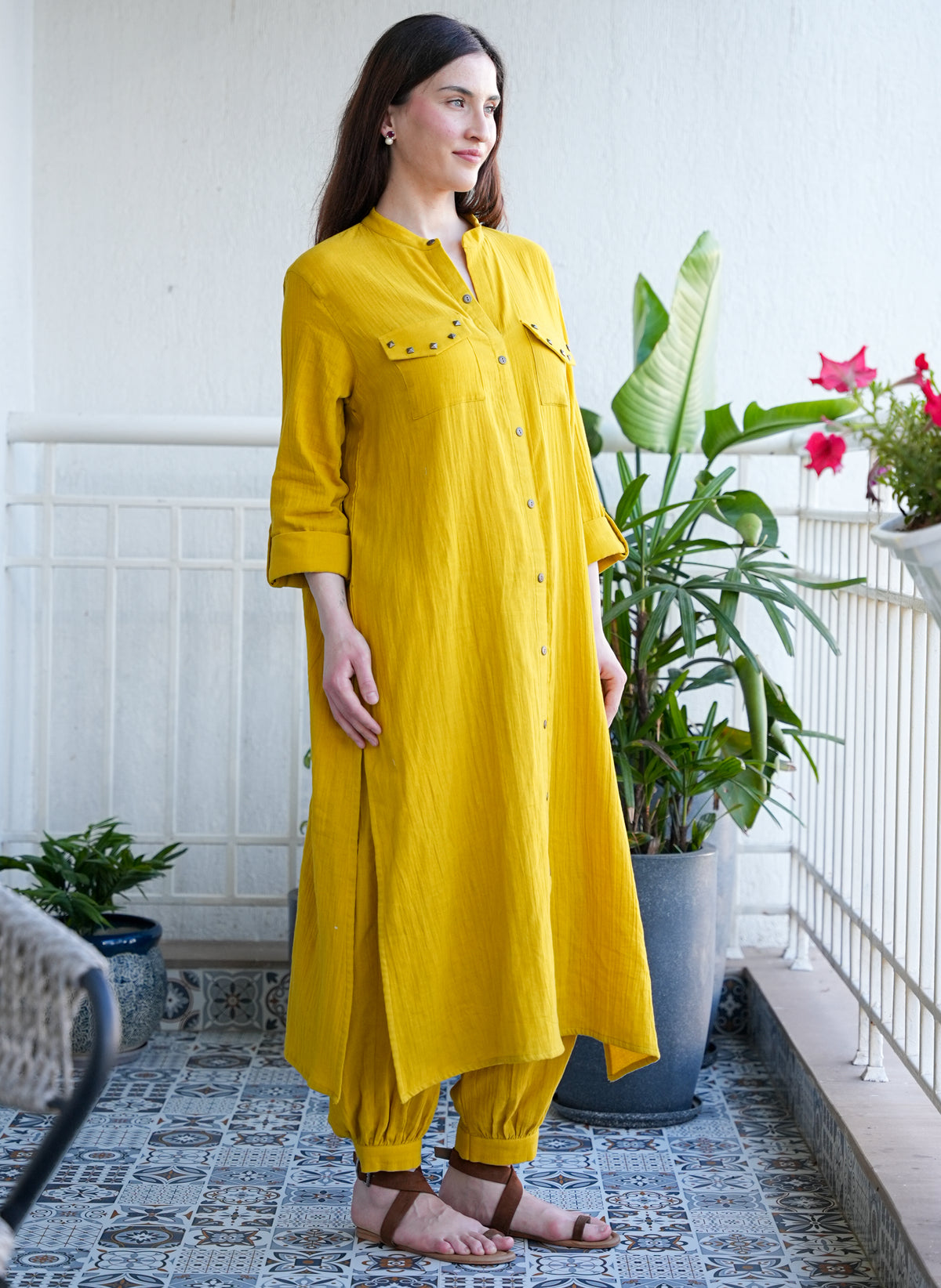 Mustard Yellow Crinkled Cotton Kurta Set