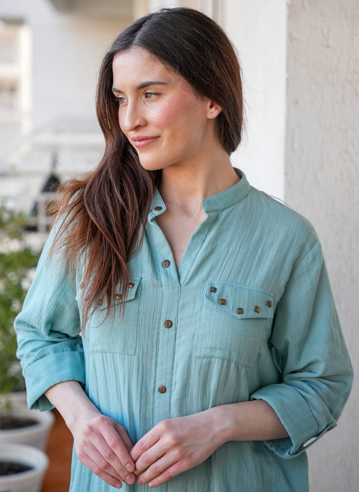 Dusty Aqua Crinkled Cotton Kurta Set