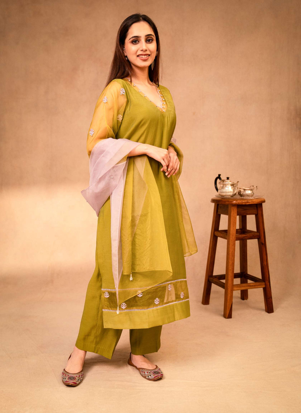 Forest Green & Mauve Suit with Organza Dupatta