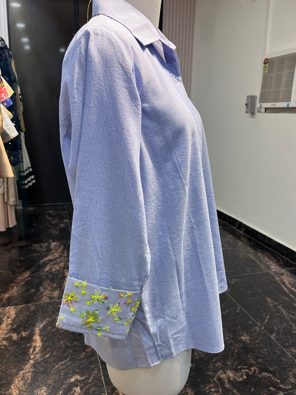 Full Sleeves Striped Cotton Shirt With Embroidered Sleeves