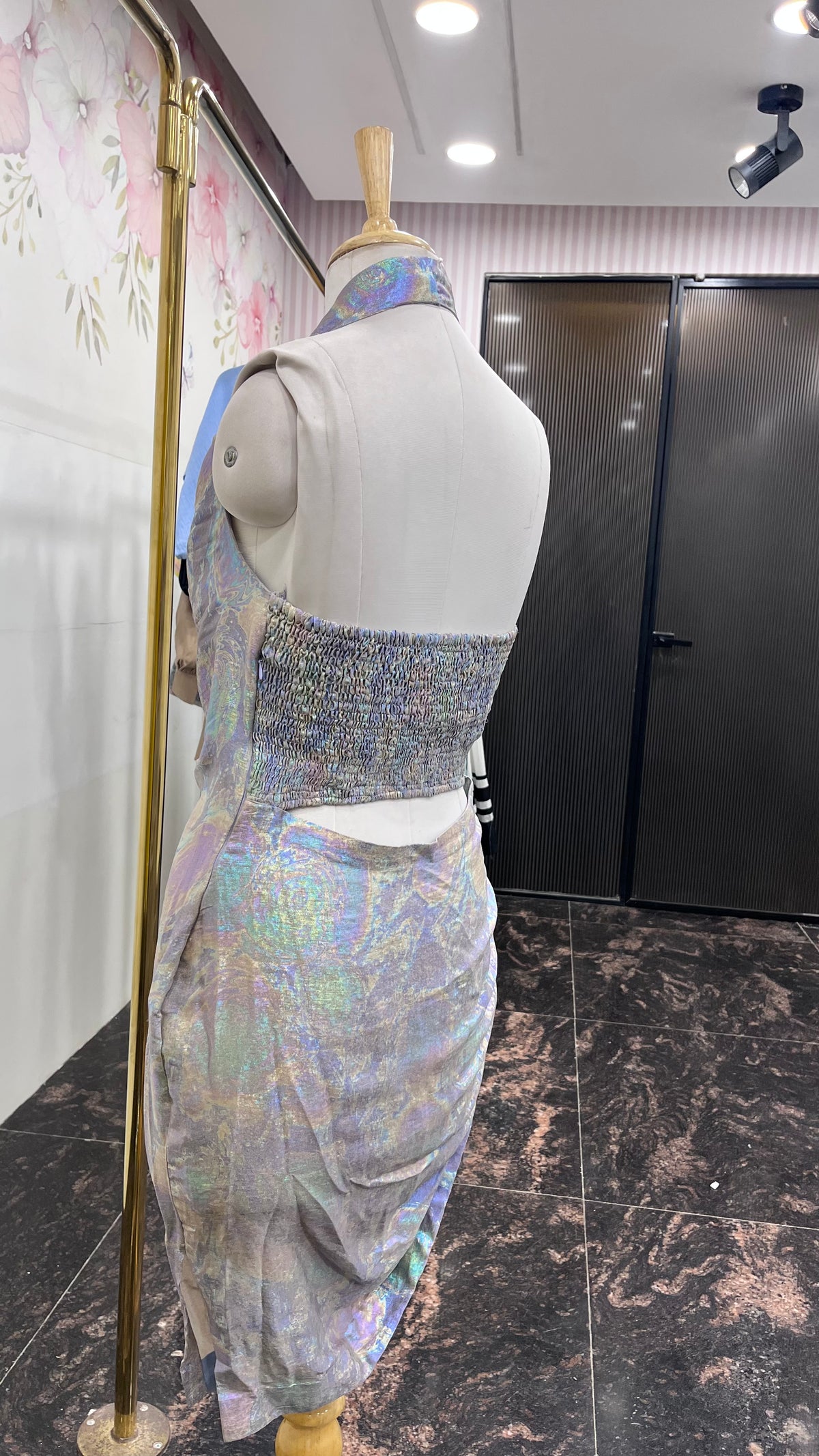 Holographic Ruched Halter Neck Dress with Open Back