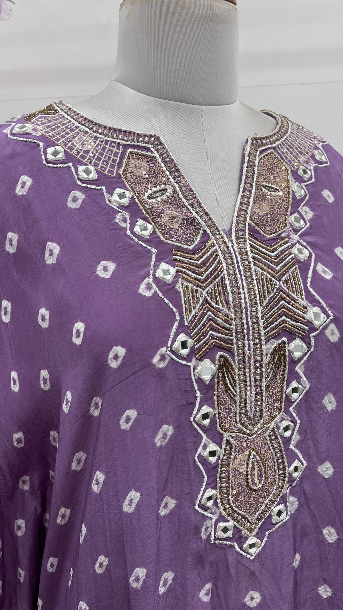 Purple Pure Crepe Bandhani Print Kaftan Dress With Mirror Work Detailing And Hanging Details
