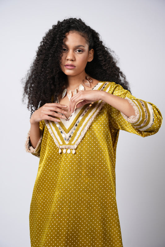 Polka & Pearl Mirror Mustard Kurta Set - Label Sakshi Nayyar