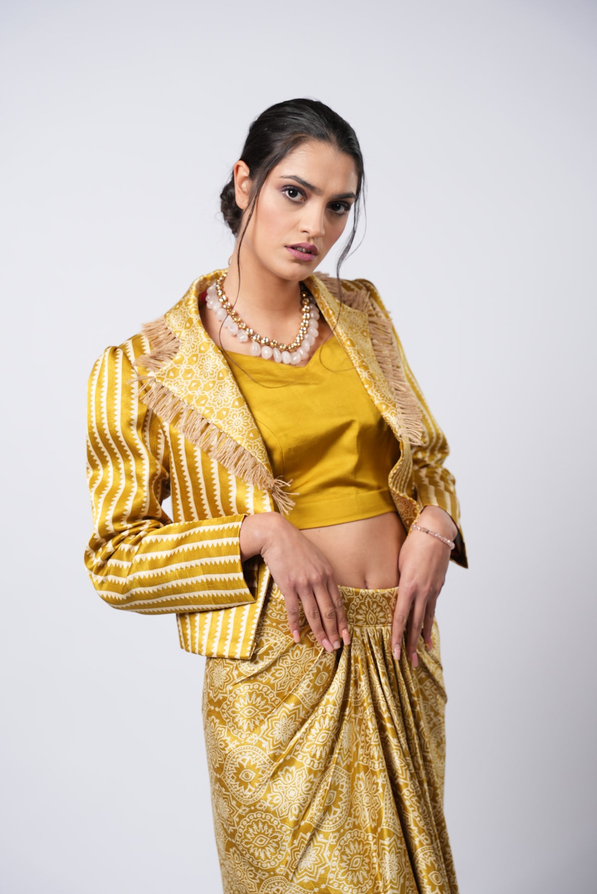 Bandhej Silk Mustard Dhoti Style Skirt Set With Cropped Jacket - Label Sakshi Nayyar