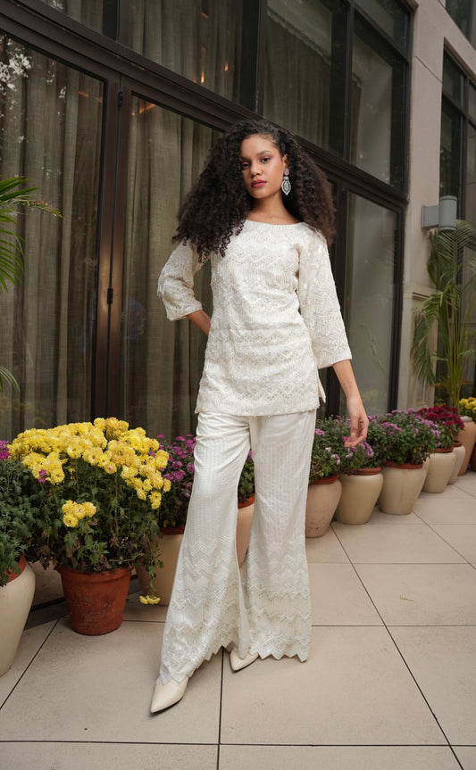 Crystal & Katdana Harmony White Indo-western Short Kurta & Pant Set - Label Sakshi Nayyar