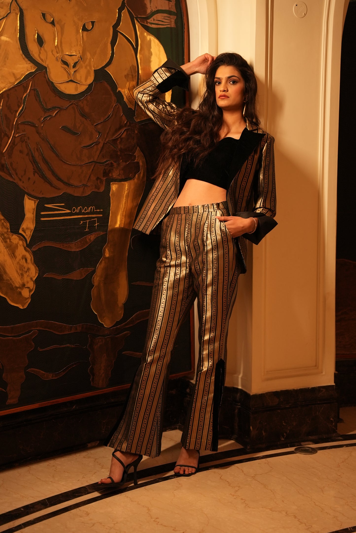 Gilded Striped Three-Piece Set with Blazer