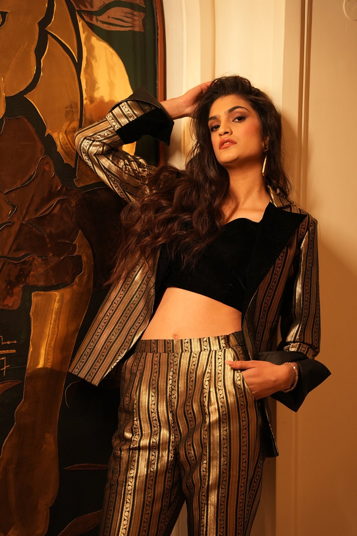 Gilded Striped Three-Piece Set with Blazer - Label Sakshi Nayyar