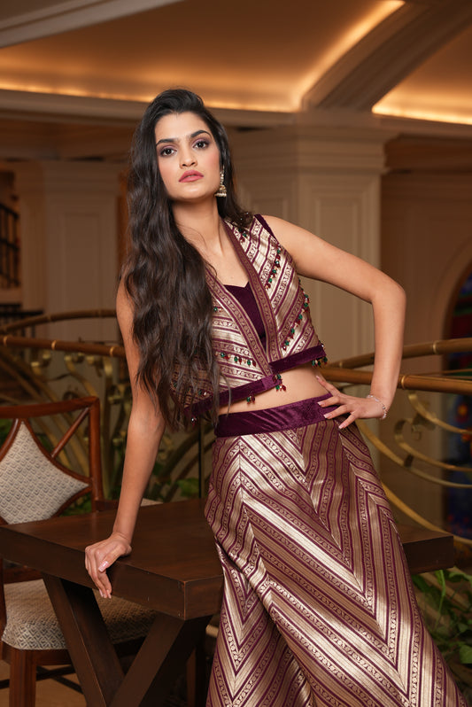 Maroon Brocade Handwork Crop jacket & Skirt Set - Label Sakshi Nayyar