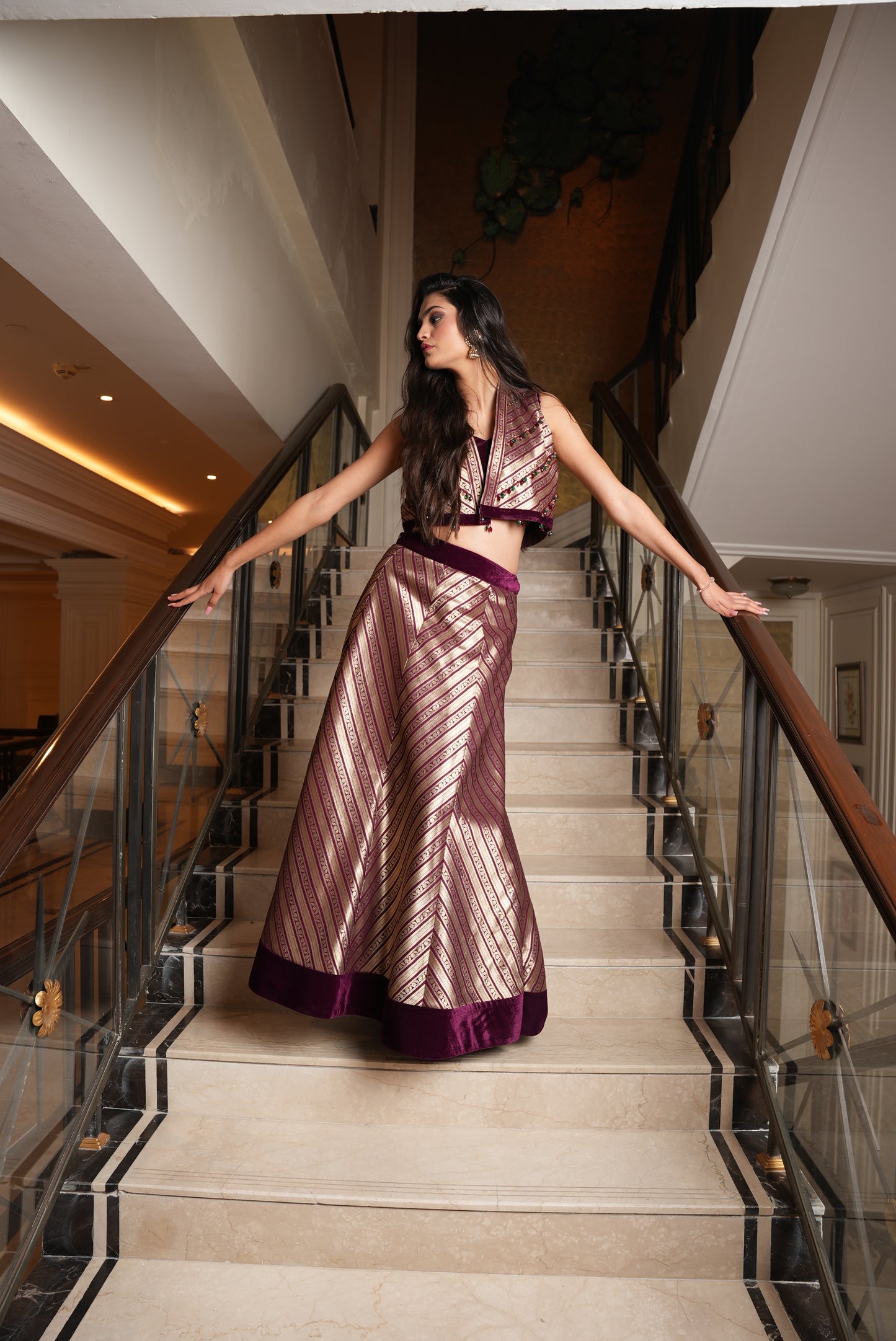 Maroon Brocade Handwork Crop jacket & Skirt Set