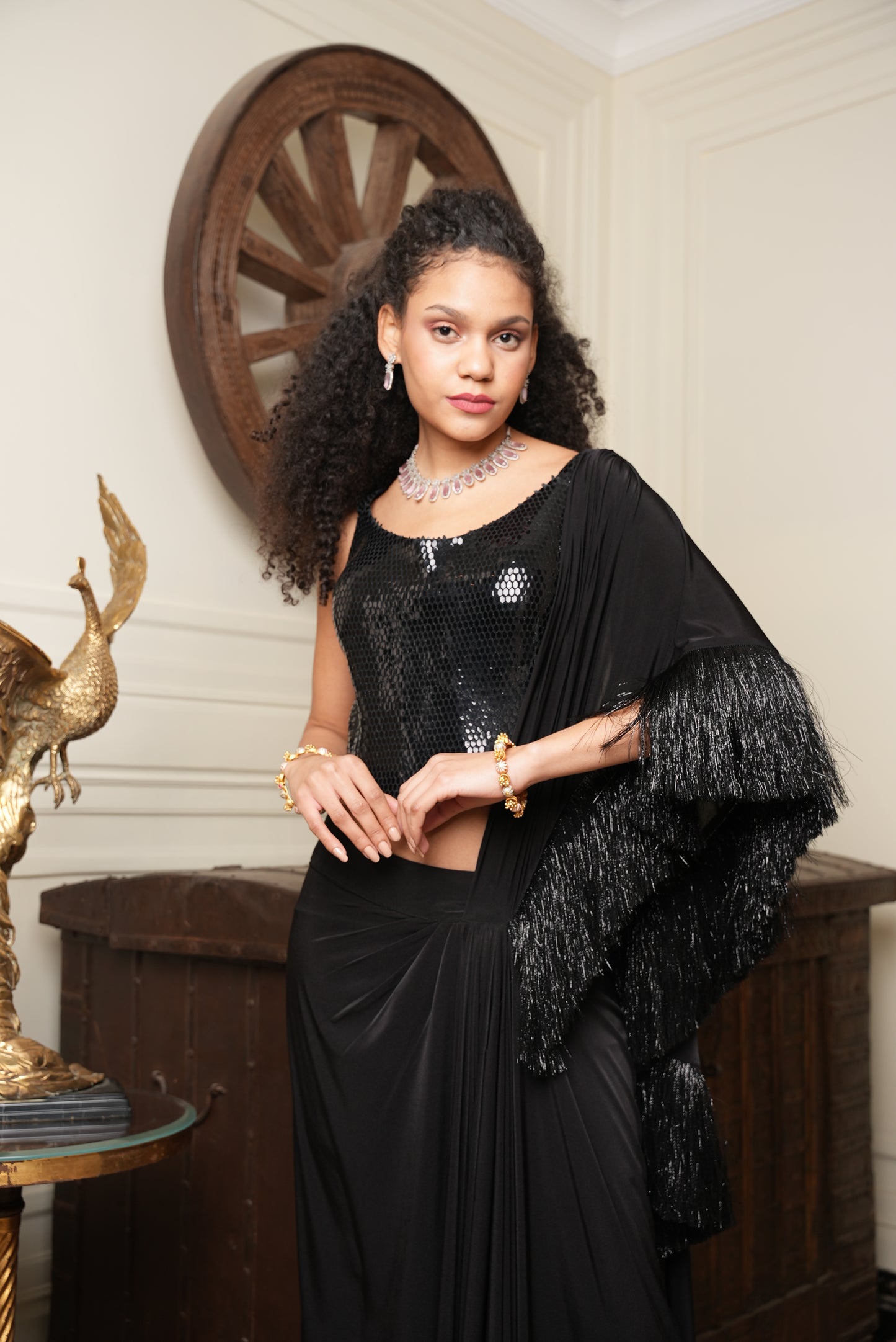 Midnight Fringed Drape Saree Dress - Label Sakshi Nayyar