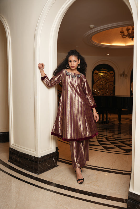 Burgandy & Golden Velvet Elegance Umbrella Kurta & Pant Set - Label Sakshi Nayyar