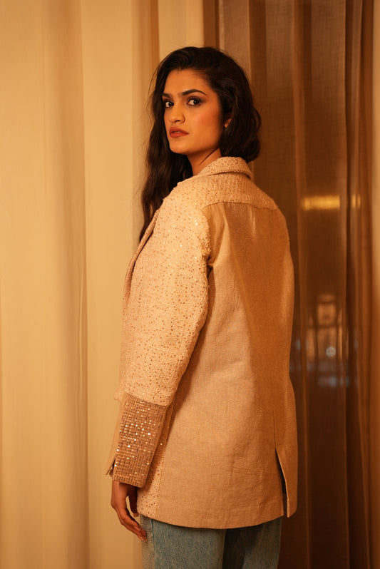 Chic Beige Pink Tweed Blazer With Sequens Detailing