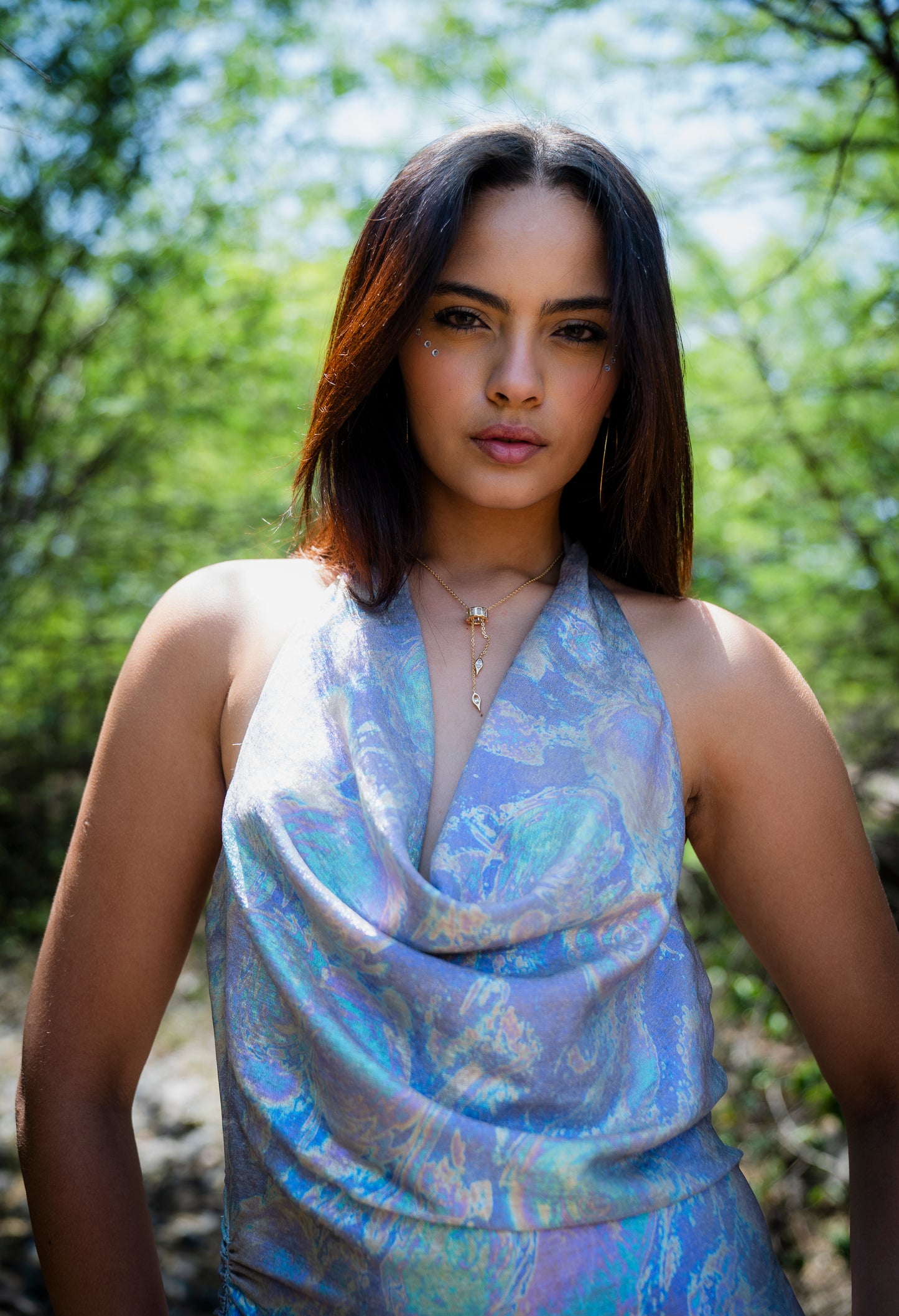 Holographic Ruched Halter Neck Dress with Open Back