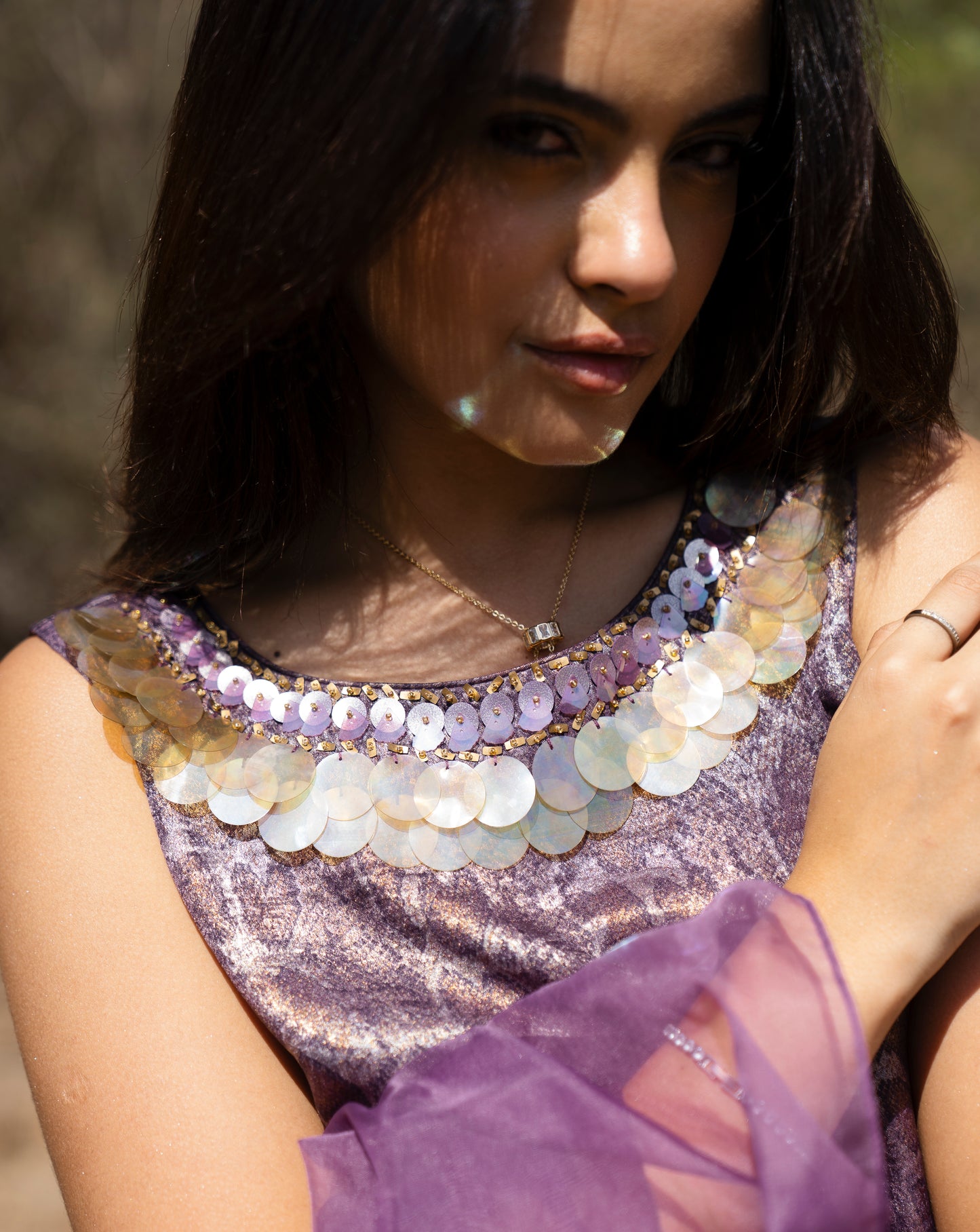 Detailed Purple Short Kurta with Farshi Salwar & Dupatta