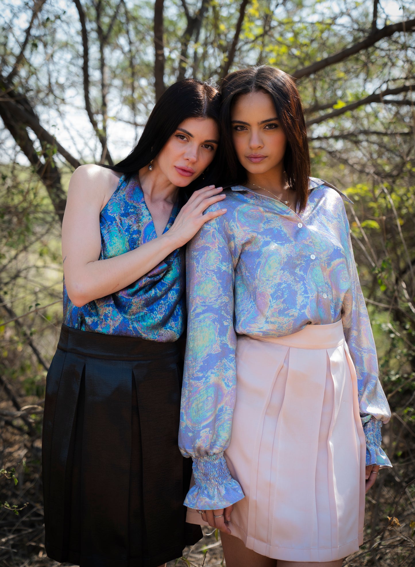 Holographic Full Sleeves Shirt with Detailed Cuffs & Pink Pleated Skirt
