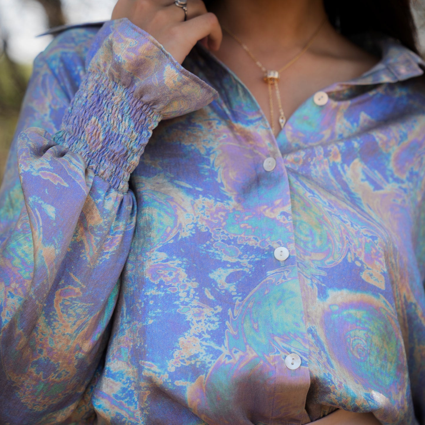 Holographic Full Sleeves Shirt with Detailed Cuffs & Pink Pleated Skirt