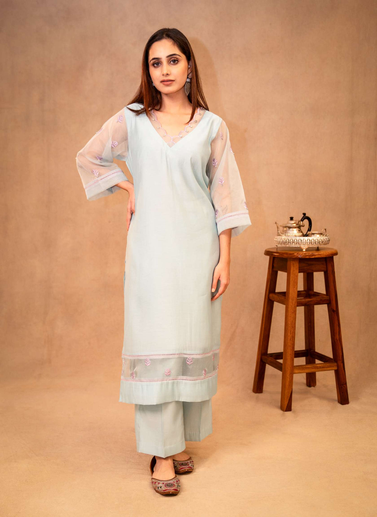 Sky Blue & Mauve Suit with Organza Dupatta