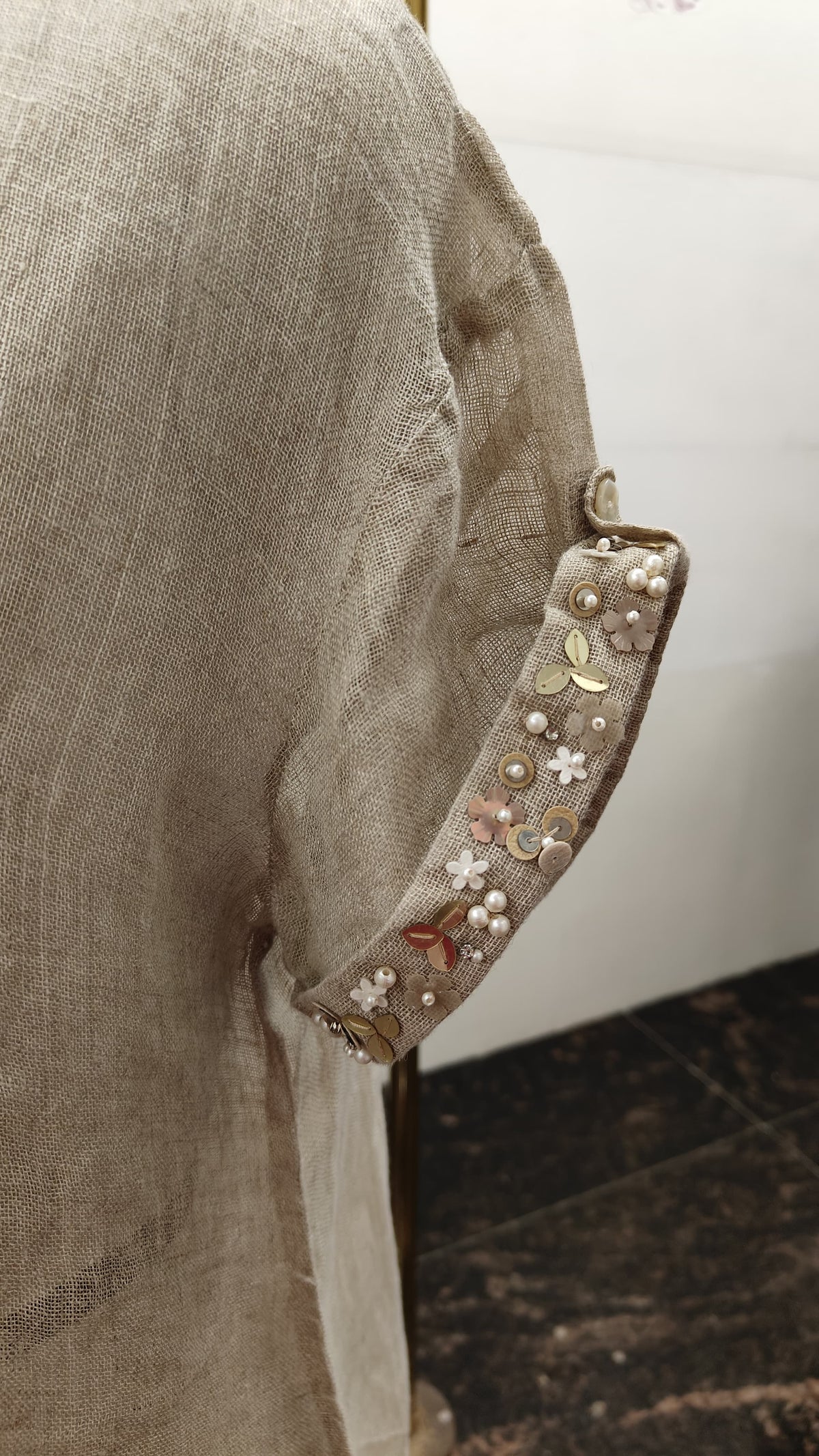 Jute Linen Boat Neck Top with Handwork on Sleeves