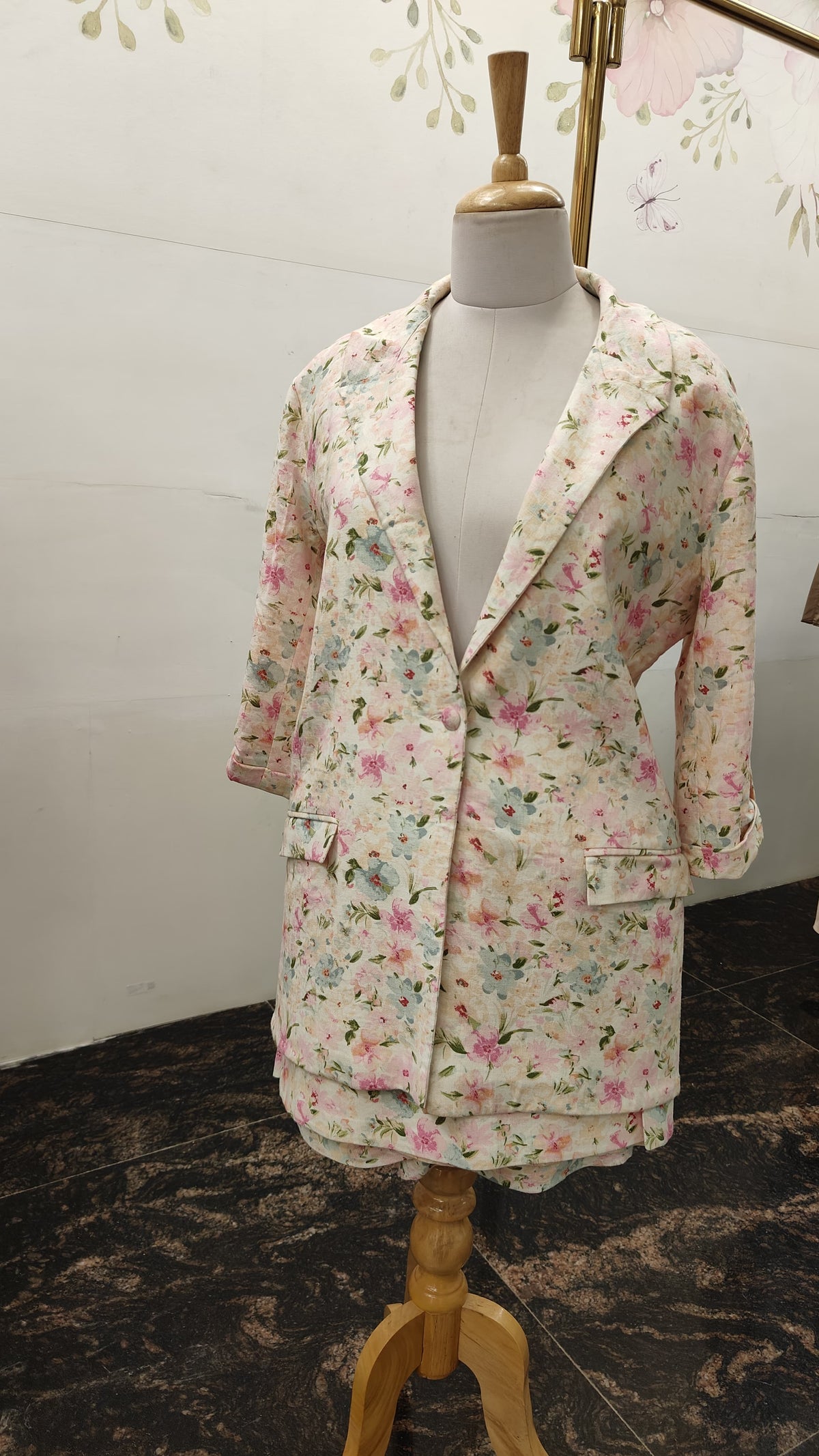 Pure Linen Blazer Set with Knee Length Skirt