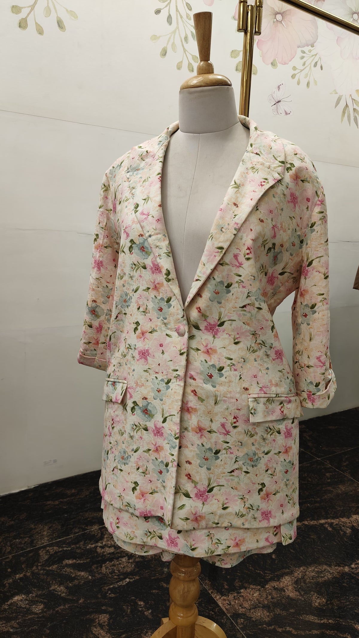 Pure Linen Blazer Set with Knee Length Skirt
