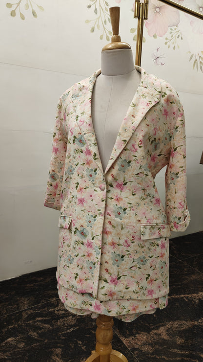 Pure Linen Blazer Set with Knee Length Skirt