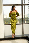 Emerald Elegance off- shoulder Dress With Satin elephant sleeves - Label Sakshi Nayyar