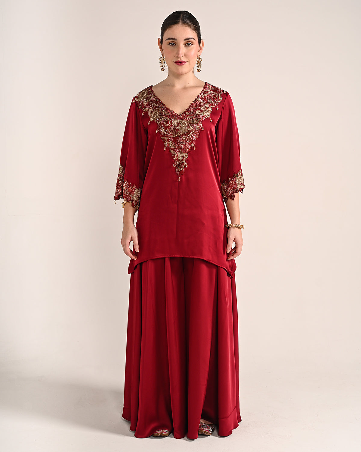Mahogany Red Dubai Satin A Line Set