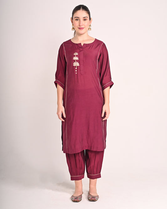 Mahogany Red Mushru Silk Lotus Kurta Set