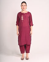 Mahogany Red Mushru Silk Lotus Kurta Set