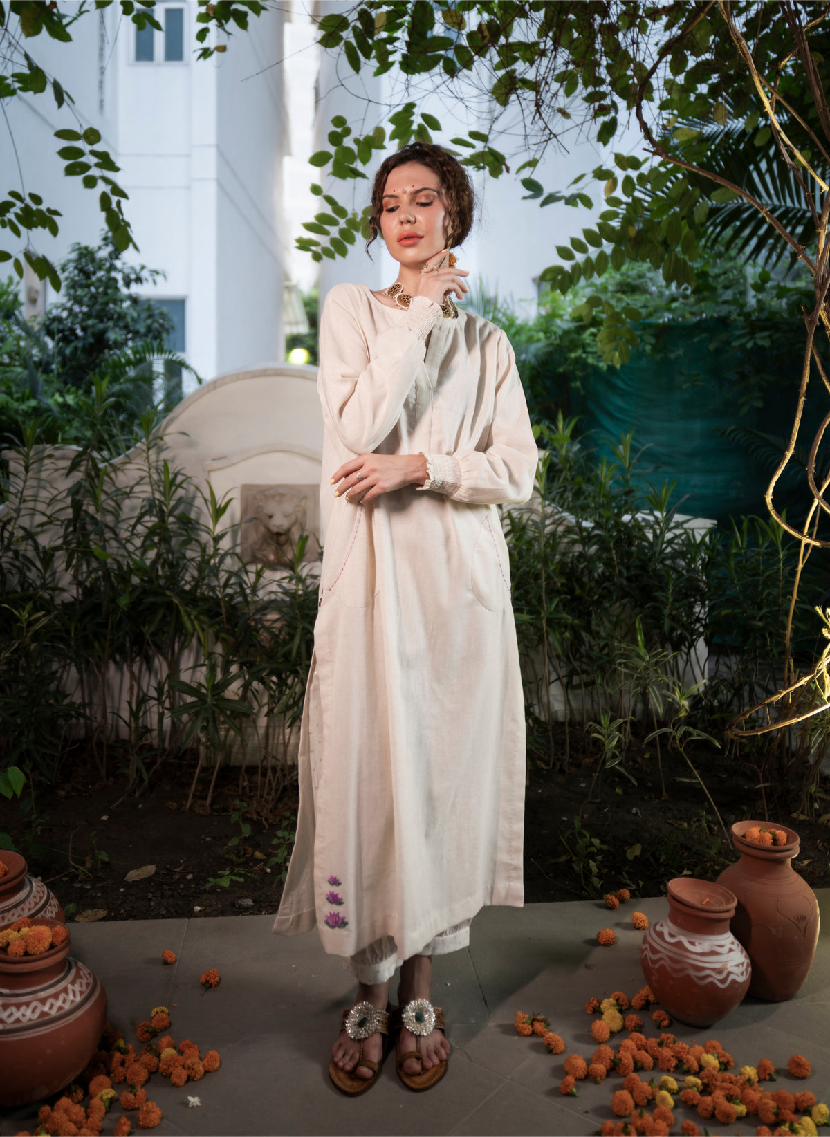 Lotus Motif Kurta Set with Smocked Sleeves - Label Sakshi Nayyar