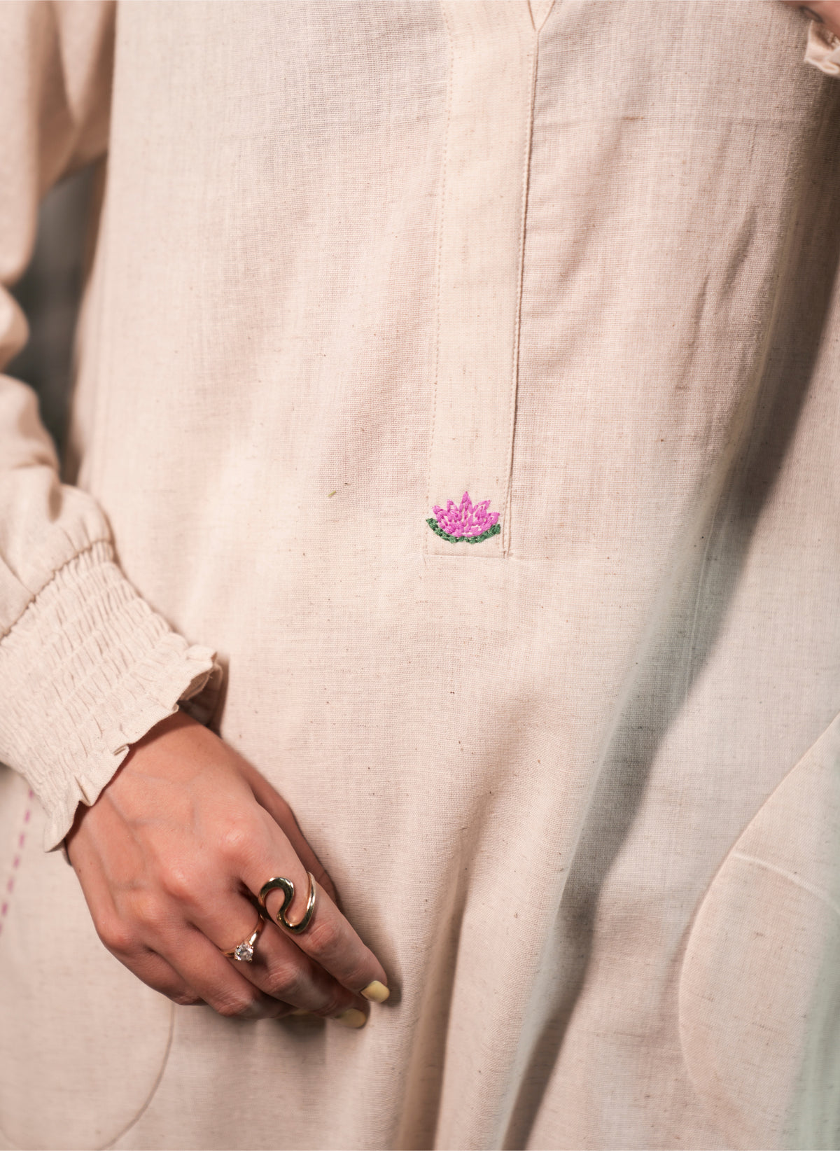 Lotus Motif Kurta Set with Smocked Sleeves - Label Sakshi Nayyar