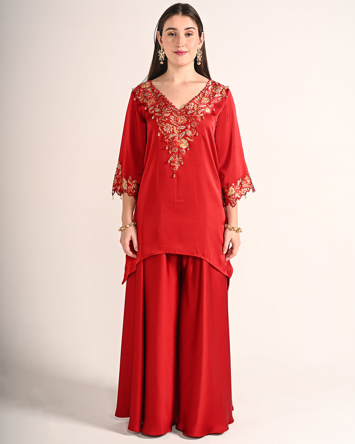 Crimson Red Dubai Satin A Line Set