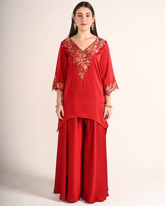 Crimson Red Dubai Satin A Line Set