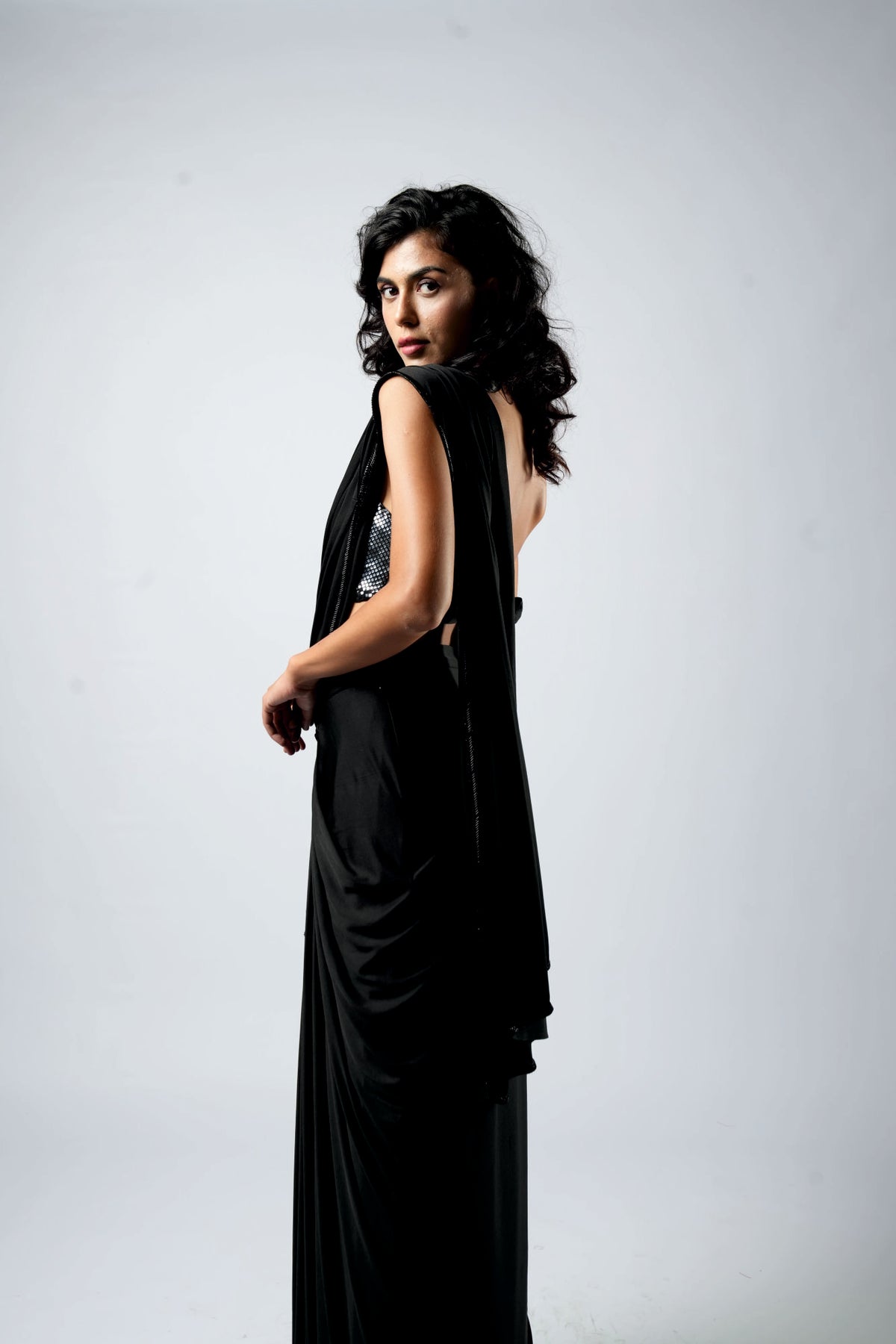 Glamorous Noir Lycra Drape Saree with Designer Blouse - Label Sakshi Nayyar