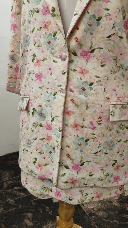Pure Linen Blazer Set with Knee Length Skirt