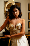 White Silk Drape Skirt & Corset With Golden Zardosi Handwork - Label Sakshi Nayyar