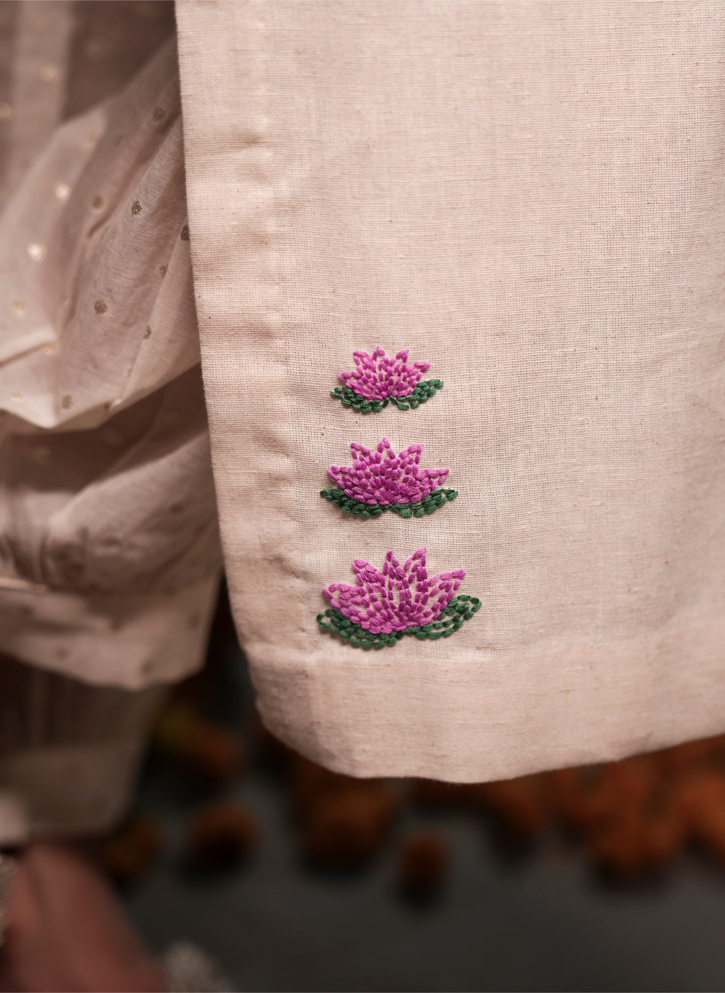 Lotus Motif Kurta Set with Smocked Sleeves