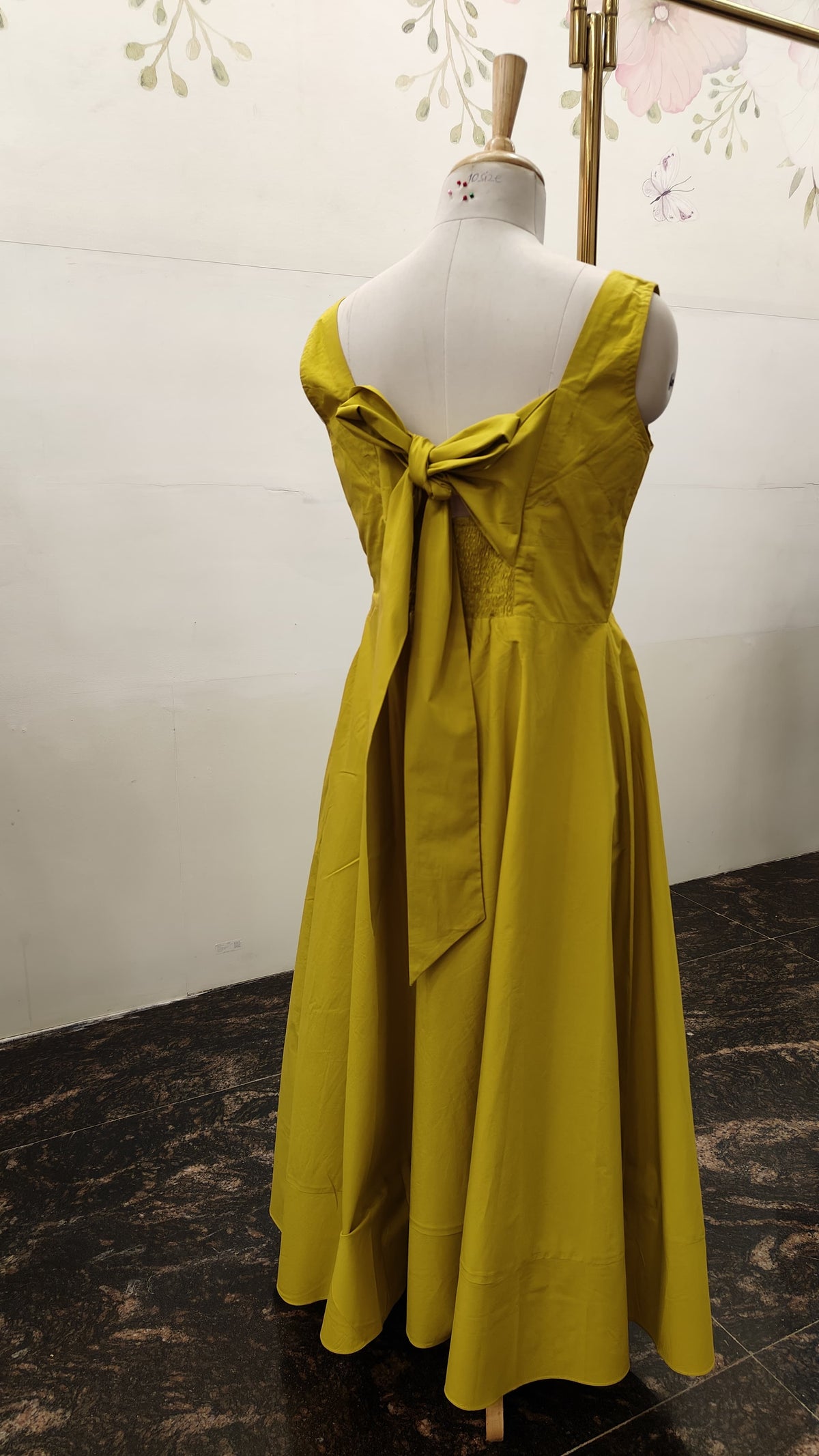Greenish Yellow Poplin Back Knot Dress (Smocked)