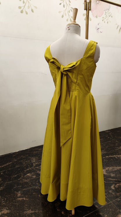 Greenish Yellow Poplin Back Knot Dress (Smocked)