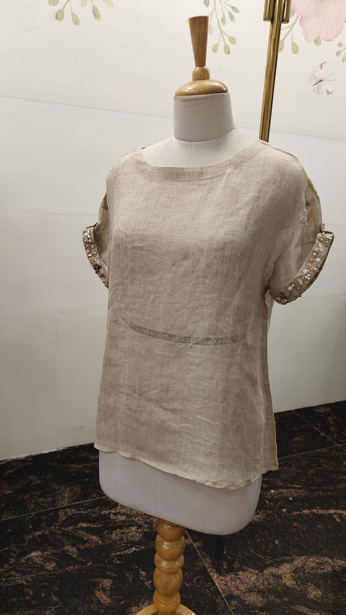 Jute Linen Boat Neck Top with Handwork on Sleeves