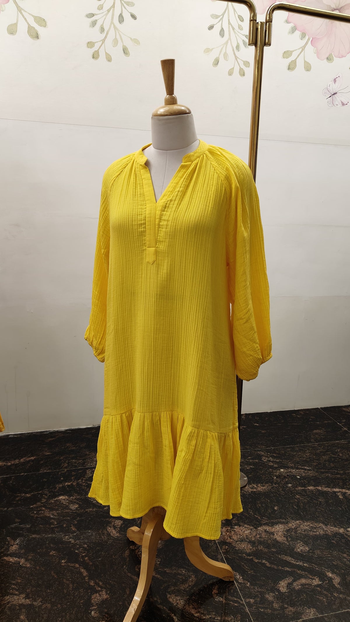 Cotton Crinkled Fabric Dress, Balloon Sleeves (Knee Length)
